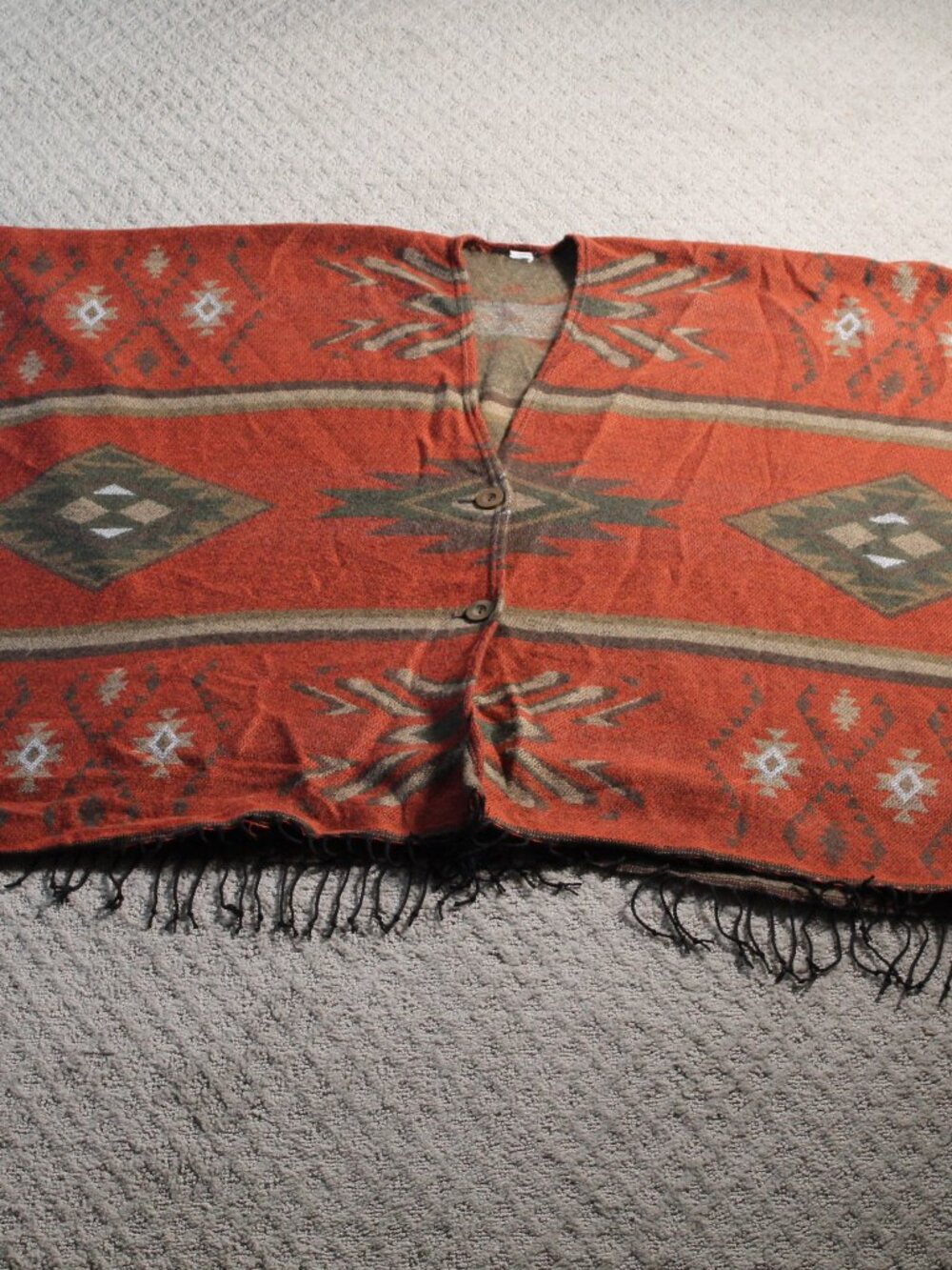 Southwest Navajo Blanket Poncho Orange Brown Fringe Size OS Boho